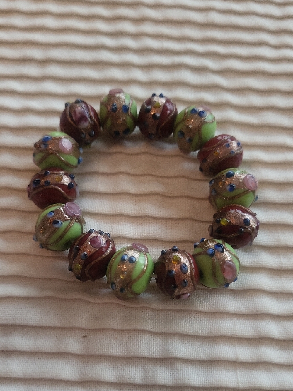 Lime Green and Burgundy Glass Lampwork Bead Stretch Bracelet